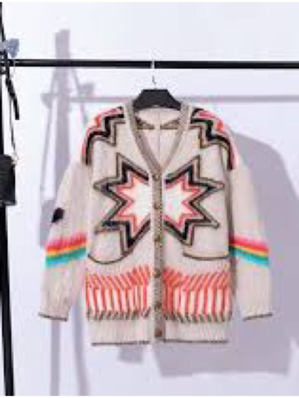 Commense Cream Cardigan with Coral Star and Multicolor Stripe Accents